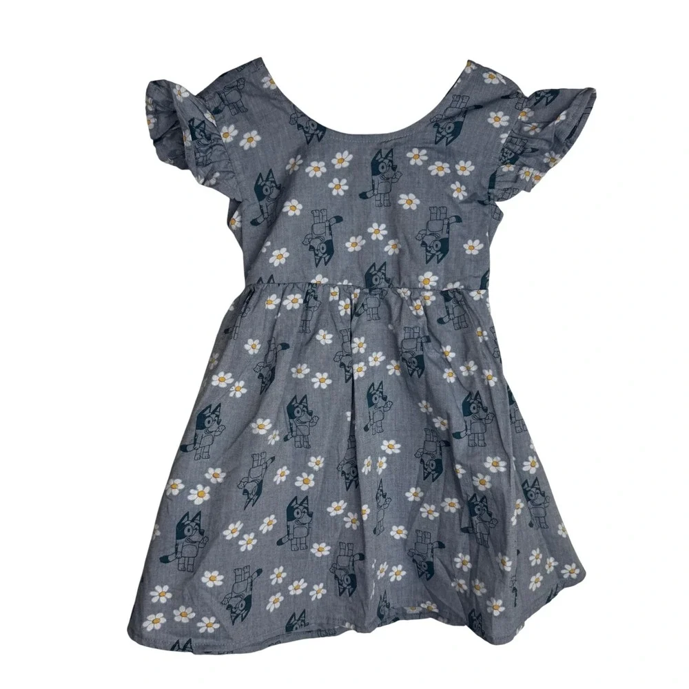 Bluey Girls 3T Blue Daisy Print Chambray Flutter Sleeve Dress Bow‎ Back